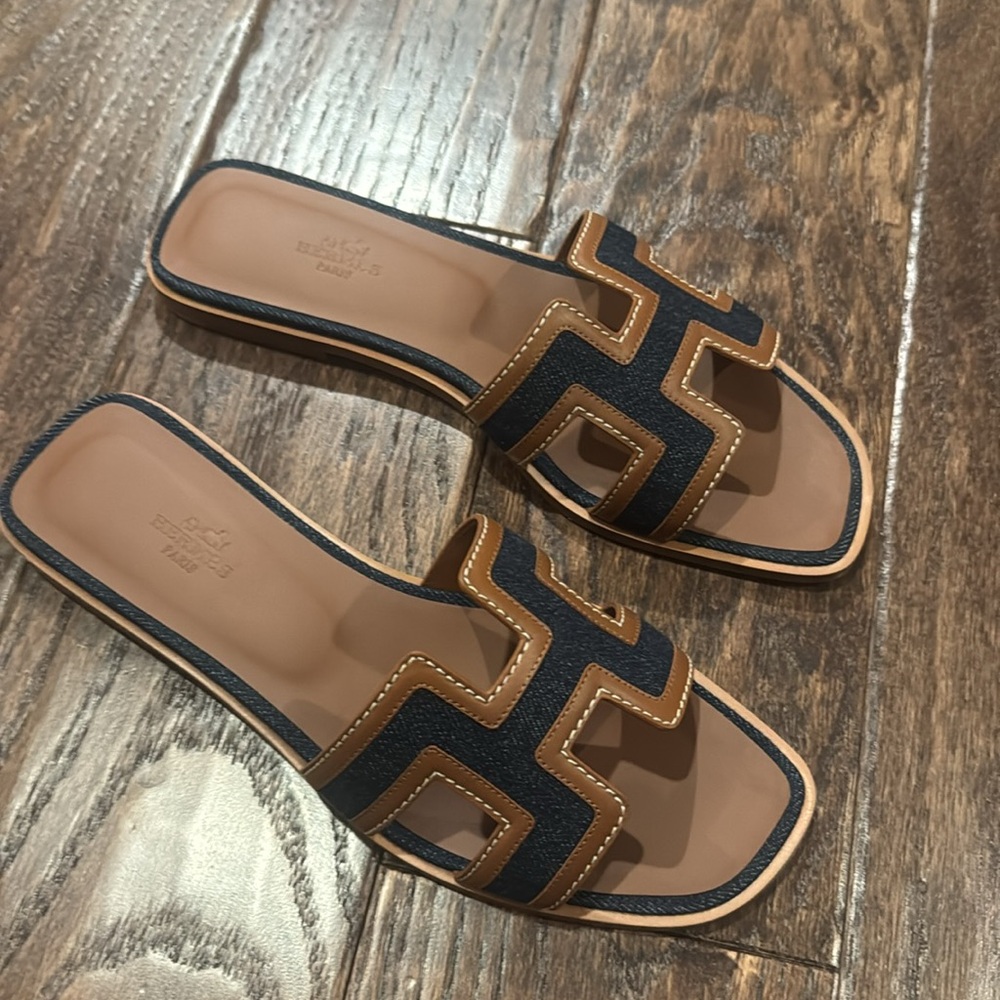 Hermes Navy and Tan Sandals